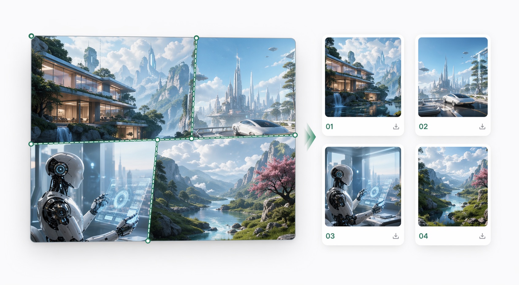 A four-panel collage with adjustable split lines beside four numbered output files