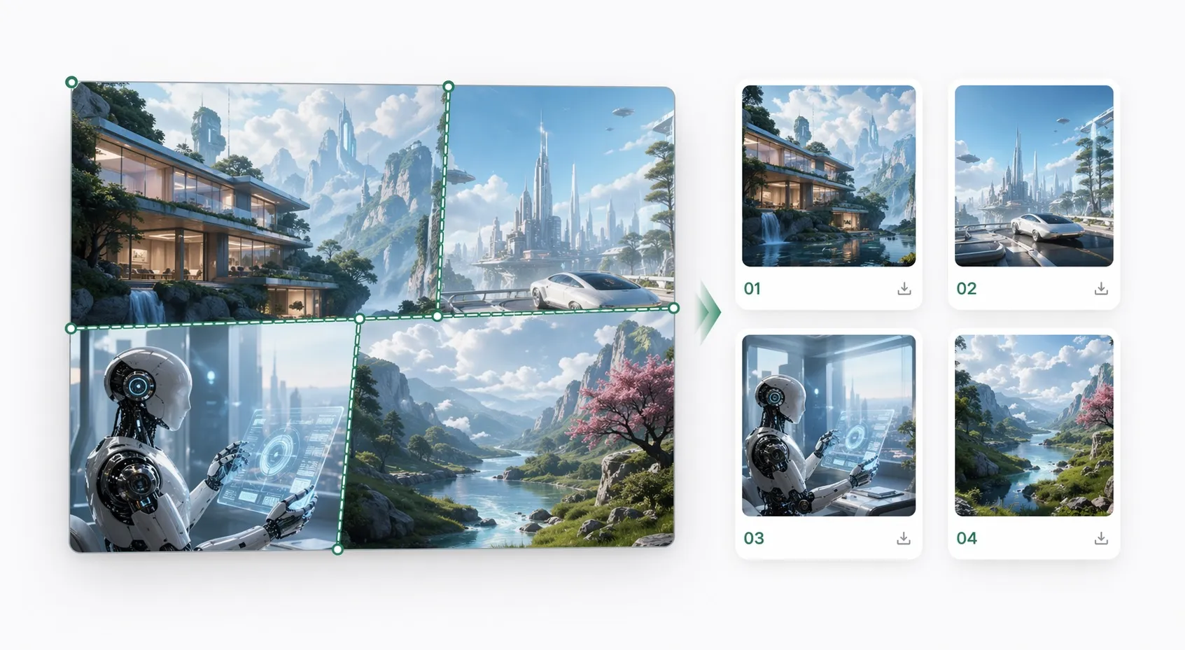 A four-panel collage with adjustable split lines beside four numbered output files